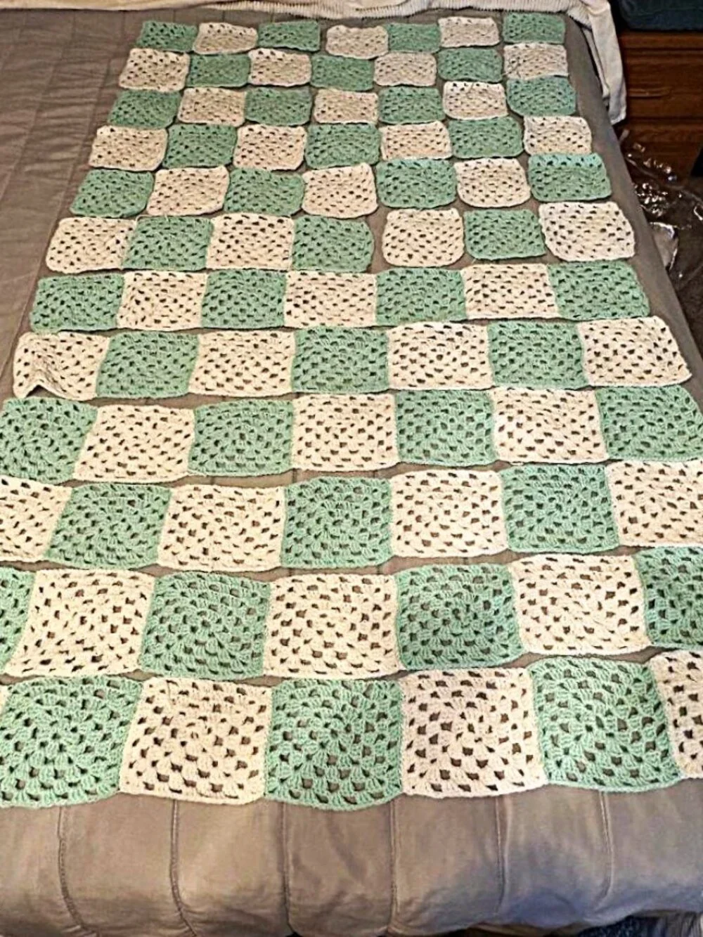 Mint green & White Checkerboard Granny Square Toddler Baby Afghan to be finished